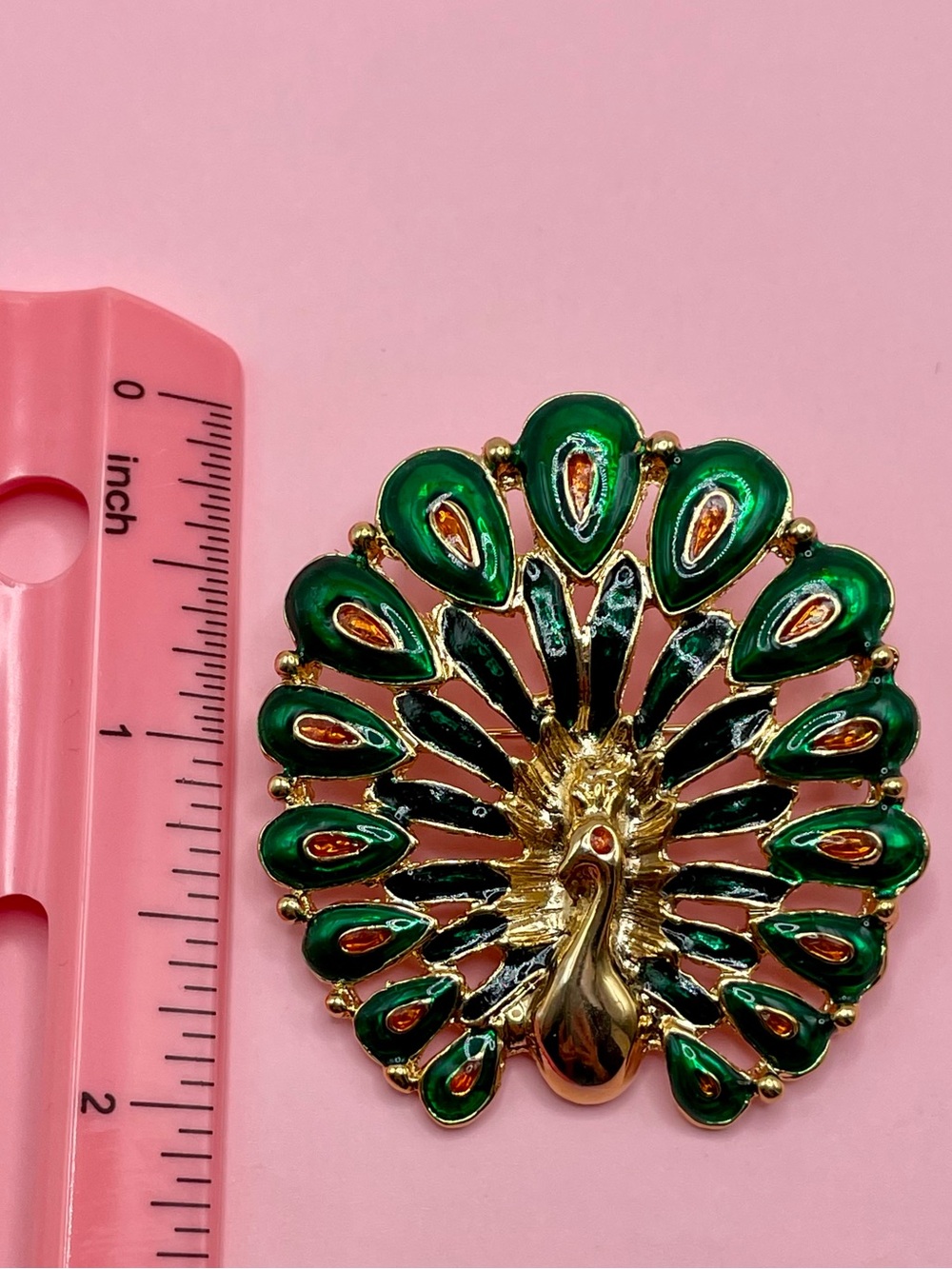 Rare Enamel Green/Black/Orange Gold-tone Peacock Brooch - HTF - Picture 4 of 6